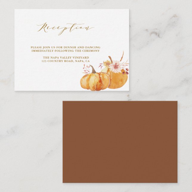 Rustic Fall Floral Pumpkin Wedding Reception Gold Enclosure Card (Front/Back)