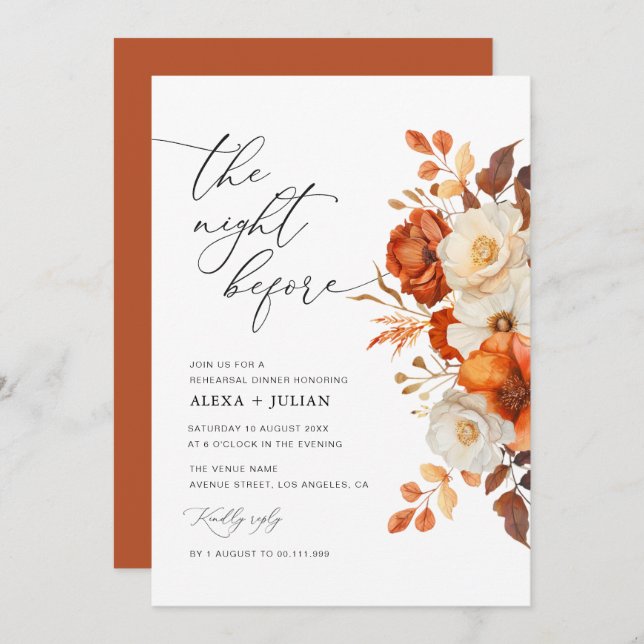 rustic fall floral rehearsal dinner invitation (Front/Back)