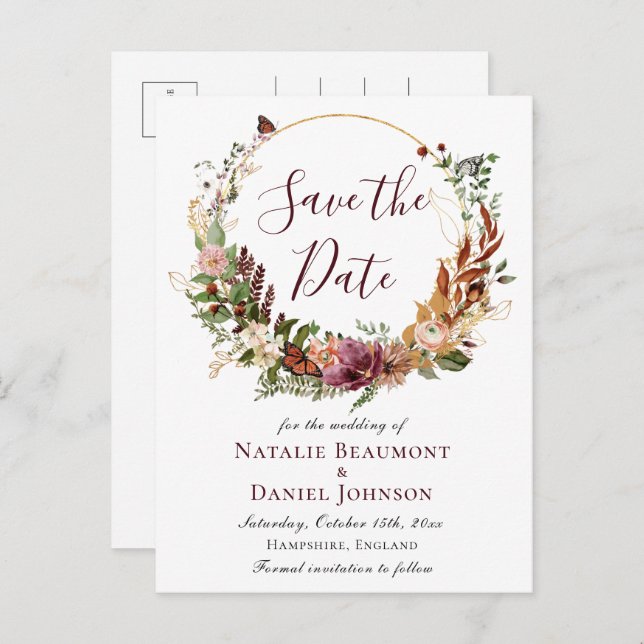 Rustic Fall Floral Save the Date Announcement Postcard (Front/Back)
