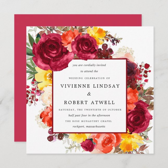 Rustic Fall Floral Square Wedding Invitation (Front/Back)