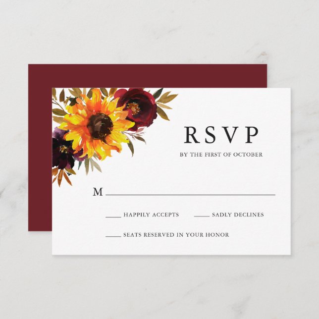 Rustic Fall Floral Sunflower Wedding RSVP Card (Front/Back)