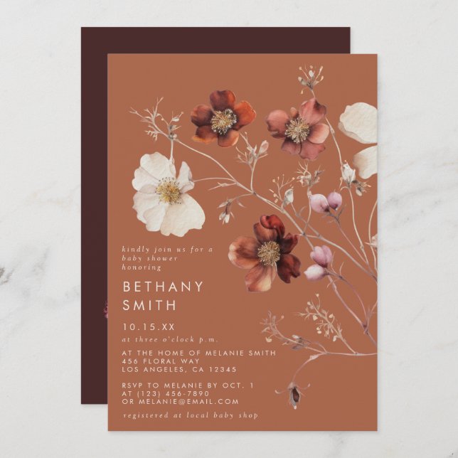Rustic Fall Floral Terracotta Baby Shower Invitation (Front/Back)