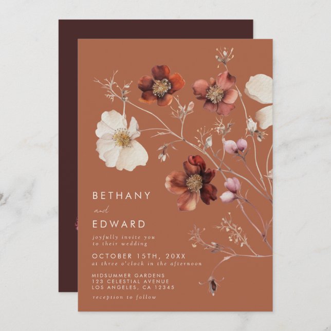 Rustic Fall Floral Terracotta Wedding Invitation (Front/Back)