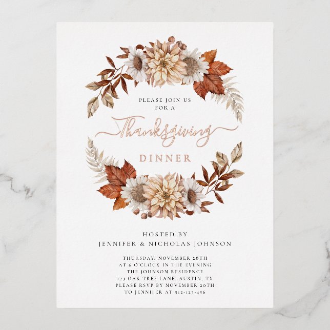 Rustic Fall Floral Thanksgiving Dinner Foil Invitation Postcard (Front)