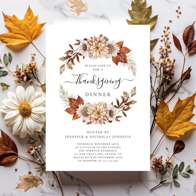 Rustic Fall Floral Thanksgiving Dinner  Invitation (Rustic Fall Floral Thanksgiving Dinner Invitation)