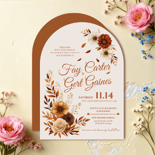 Rustic Fall Floral Toffee Brown Off-White Wedding Invitation