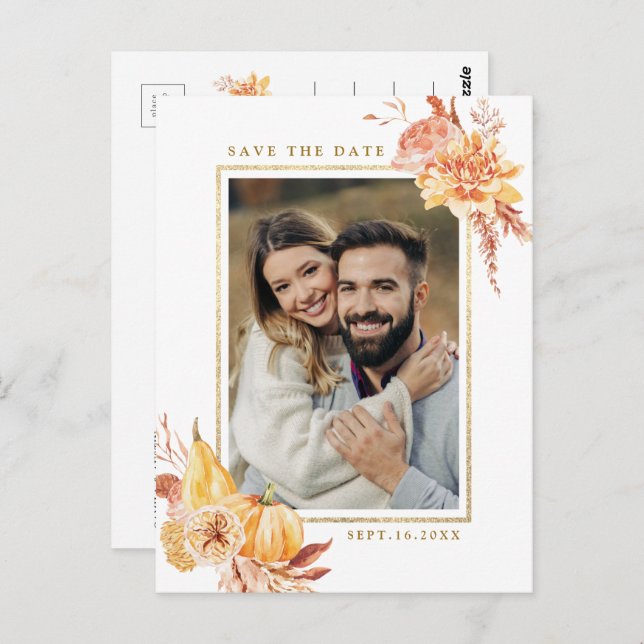 Rustic Fall Floral Wedding Photo Save the Date  Postcard (Front/Back)