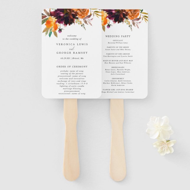 Rustic Fall Floral Wedding Program Hand Fan (Front and Back)