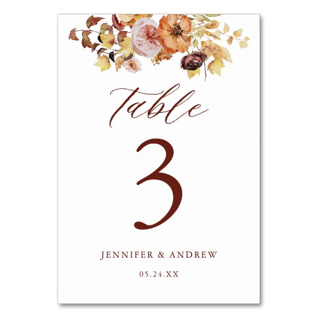 Rustic Fall Floral Wedding Table Seating Cards (Front)