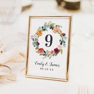 Rustic Fall Floral Wreath Wedding Monogram Table Number