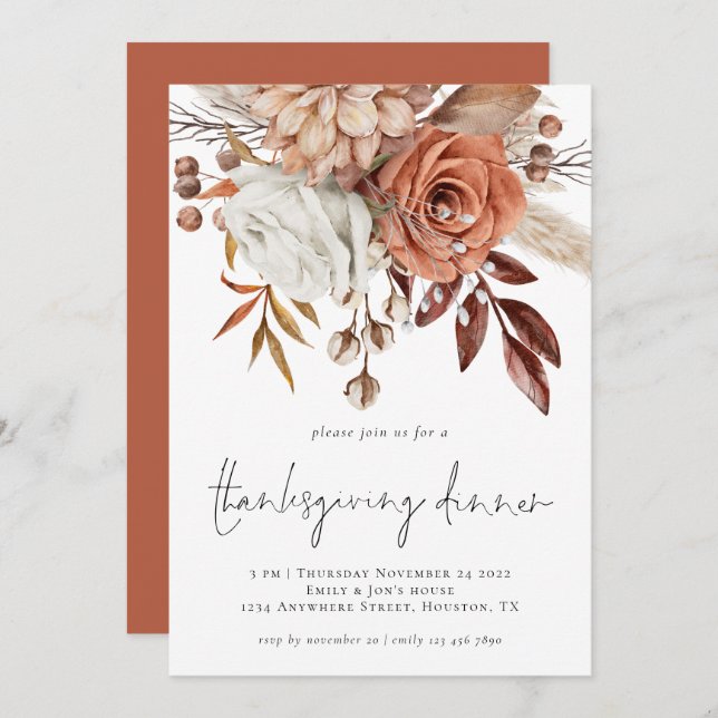 Rustic Fall Florals Terracotta Cream Thanksgiving Invitation (Front/Back)