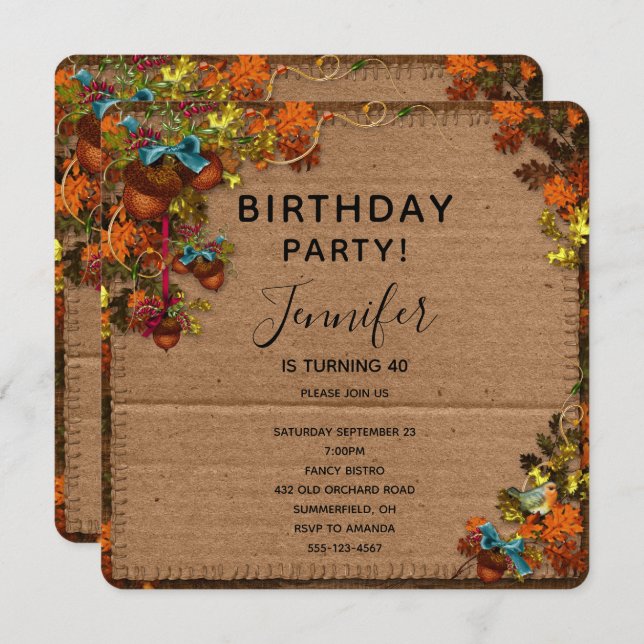 Rustic Fall Flowers & Acorns Birthday Invitation (Front/Back)
