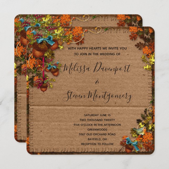 Rustic Fall Flowers & Acorns on Faux Cardboard Invitation (Front/Back)