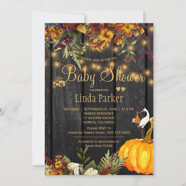 Rustic fall flowers barn wood autumn baby shower invitation (Front)