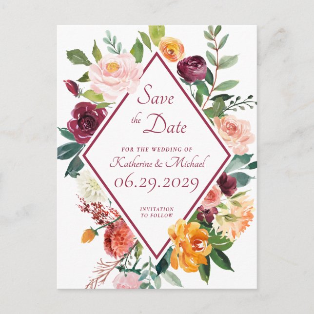 Rustic Fall Flowers Wine Red Save The Date Postcard (Front)