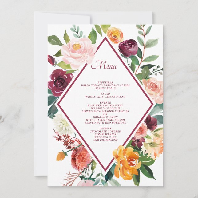 Rustic Fall Flowers Wine Red Wedding Menu Cards (Front)