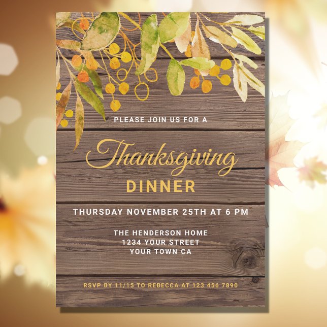 Rustic Fall Foliage Barn Wood Thanksgiving Dinner Invitation (Creator Uploaded)