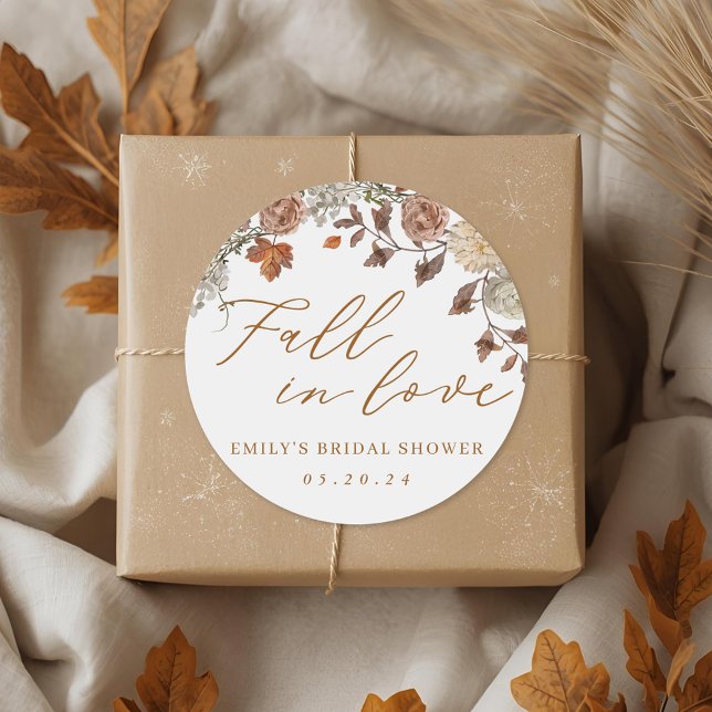 Rustic Fall Foliage Fall in Love Bridal Shower Classic Round Sticker (Creator Uploaded)