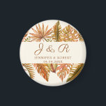 Rustic Fall Foliage Monogram Round Wedding Round Magnet<br><div class="desc">Round wedding magnet featuring watercolor tropical leaves in earthy autumn tones with couple's names and date. A beautiful keepsake or favour to match your rustic celebration theme.</div>