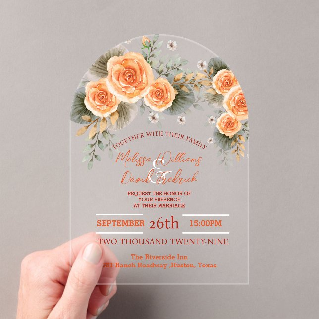 Rustic Fall Foliage Orange Floral Autumn Wedding Acrylic Invitations (Insitu (Handheld))