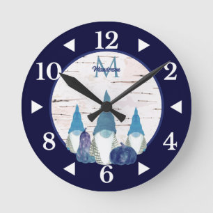 Rustic Fall Gnome Navy n Dusty Blue pumpkin Round Clock