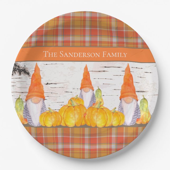 Rustic Fall Gnome orange plaid pumpkin Paper Plate (Front)