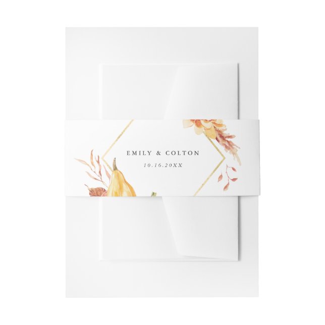 Rustic Fall Gold Floral Pumpkin Wedding Invitation Belly Band (Front Example)