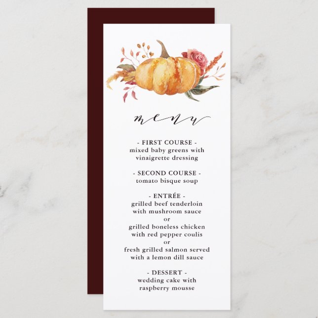 Rustic Fall Gold Floral Pumpkin Wedding Menu (Front/Back)