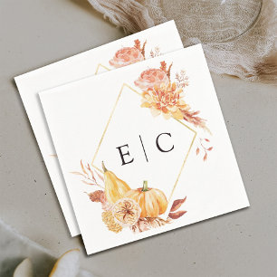 Rustic Fall Gold Floral Pumpkin Wedding Monogram Napkin