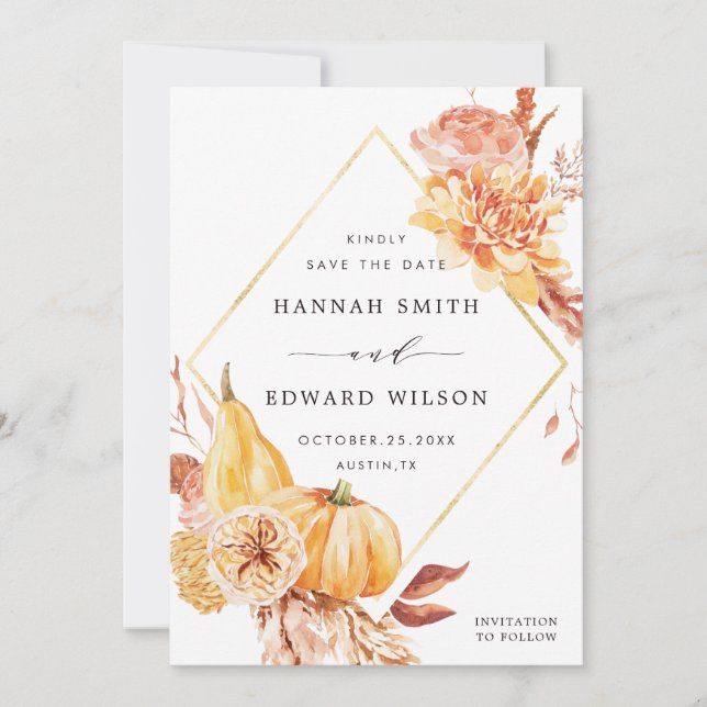 Rustic Fall Gold Floral Pumpkin Wedding Photo Save The Date (Front)