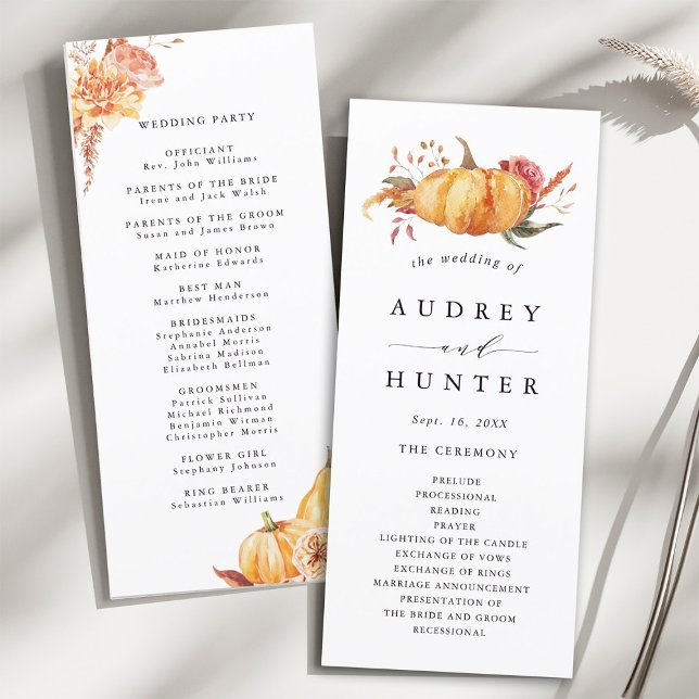 Rustic Fall Gold Floral Pumpkin Wedding Program (Front & Back)