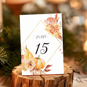 Rustic Fall Gold Floral Pumpkin Wedding Table Number