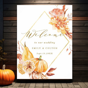 Rustic Fall Gold Floral Pumpkin Wedding Welcome Poster