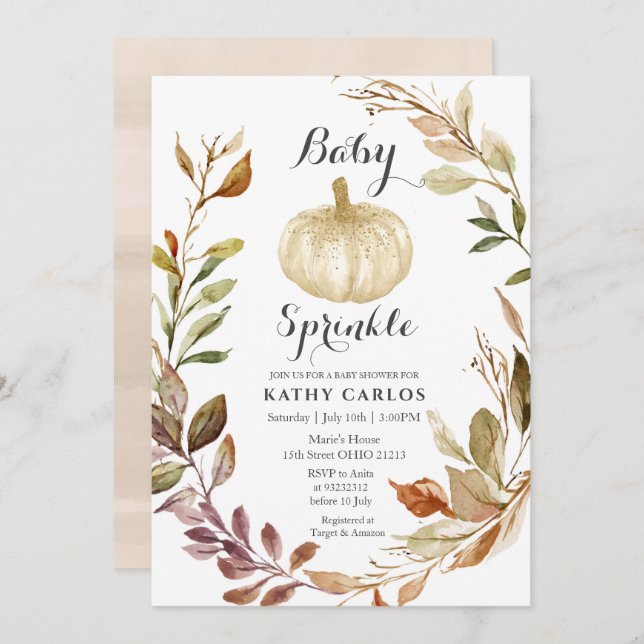 Rustic Fall Greenery White Pumpkin Baby Sprinkle  Invitation (Front/Back)