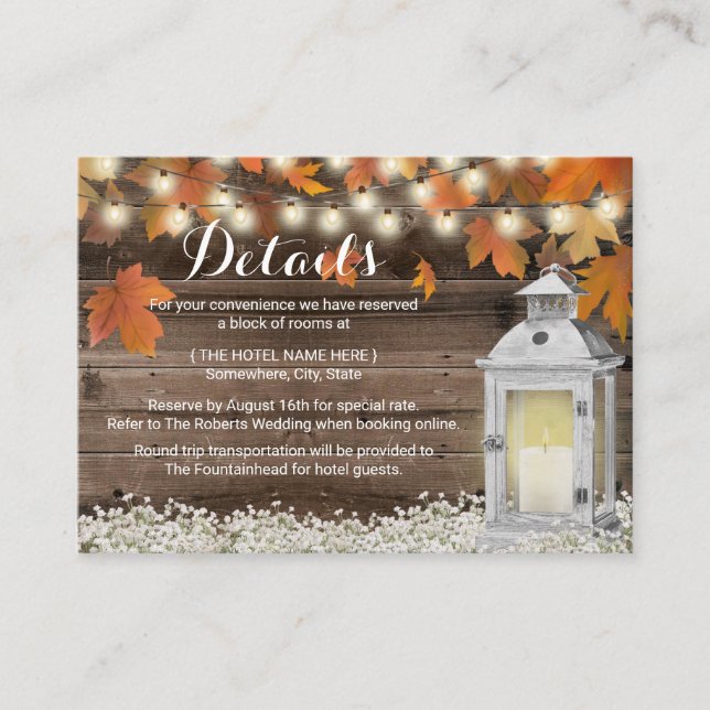 Rustic Fall Hotel Accommodations Vintage Lantern Enclosure Card (Front)