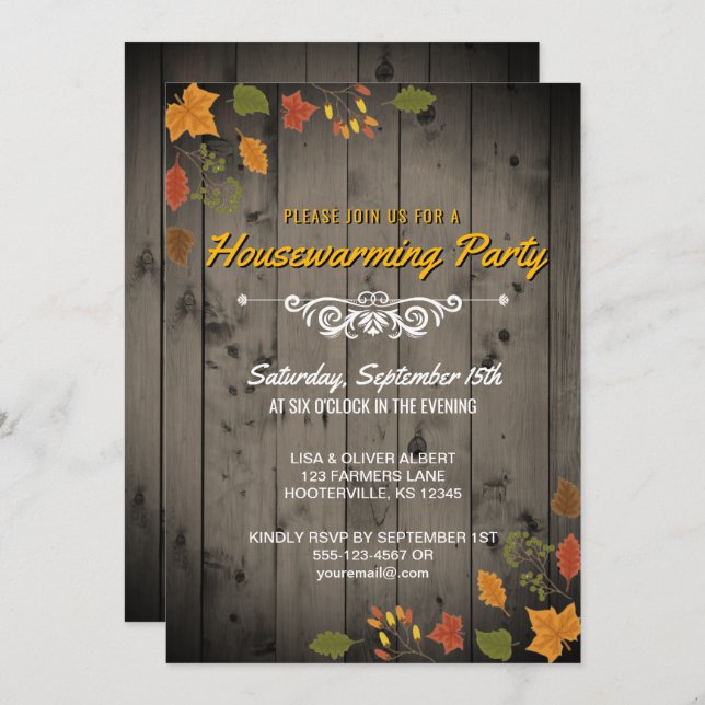 Rustic Fall Housewarming Party Autumn Leaves Wood Invitation (Front/Back)