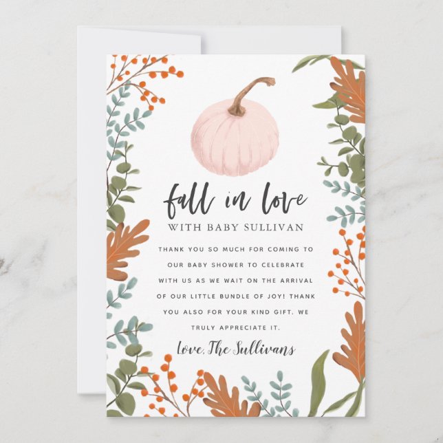 Rustic Fall in Love Pink Pumpkin Baby Shower Thank You Card (Front)