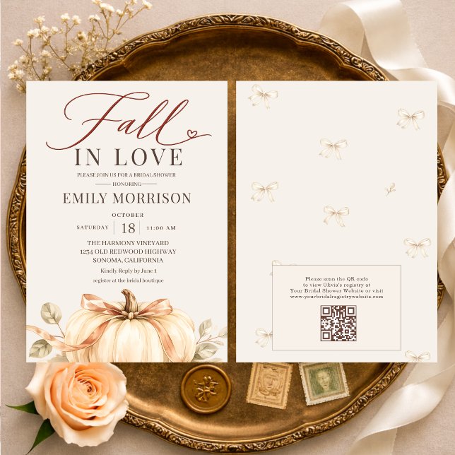 Rustic Fall in Love Pumpkin QR Code Bridal Shower Invitation (Creator Uploaded)