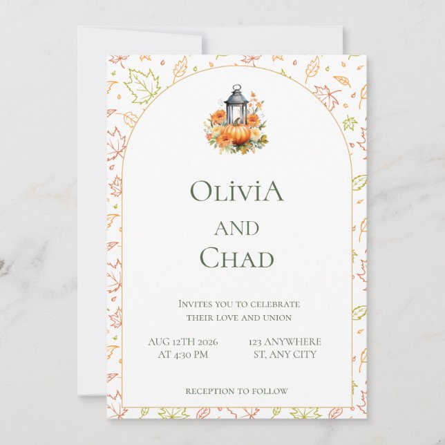 Rustic Fall Lantern and Pumpkin Wedding Invitation (Front)