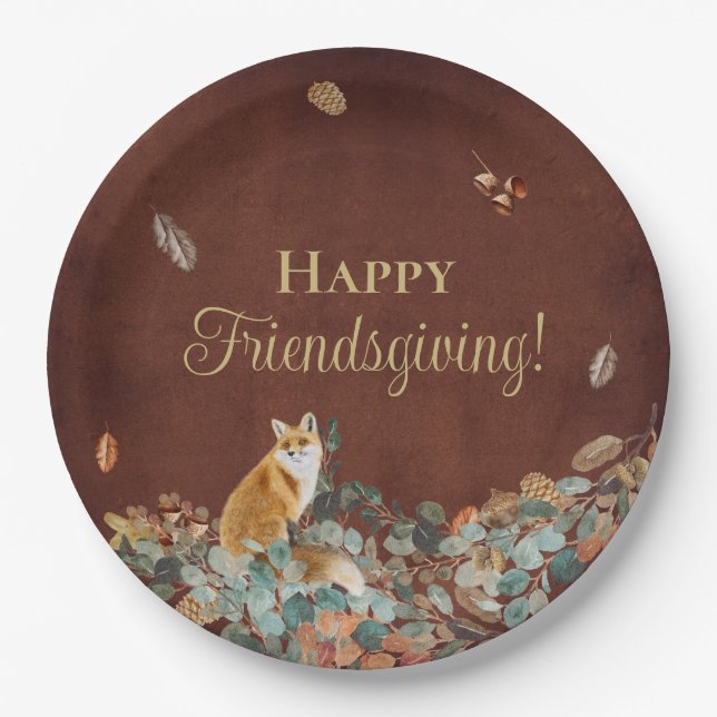Rustic Fall Leaves and Fox Friendsgiving Paper Plate (Front)