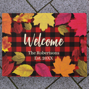 Rustic Fall Leaves and Plaid Custom Name Welcome Doormat