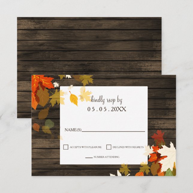 Rustic Fall leaves Barn Wood Fall Wedding rsvp Invitation (Front/Back)