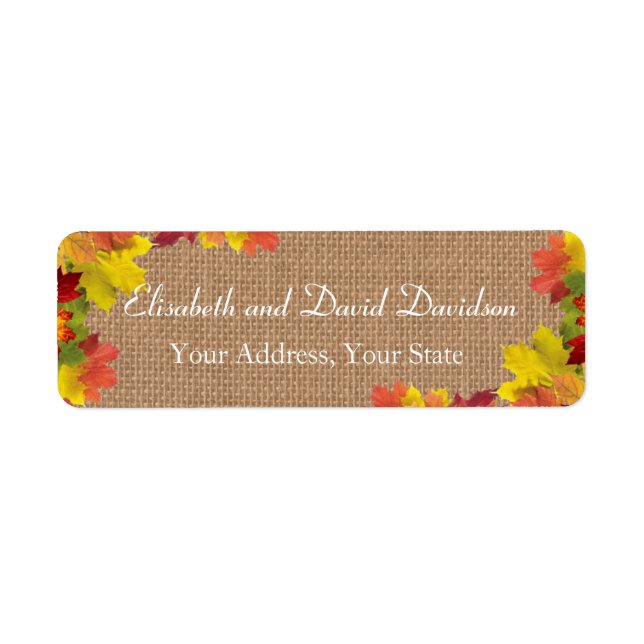 Rustic Fall Leaves Burlap Wedding Custom Return Address Label (Front)