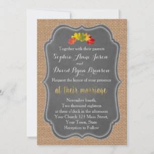 Rustic Fall Leaves Burlap Wedding Invitation