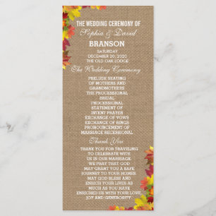 Rustic Fall Leaves Burlap Wedding Program Custom
