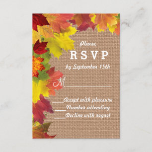 Rustic Fall Leaves Burlap Wedding RSVP Card