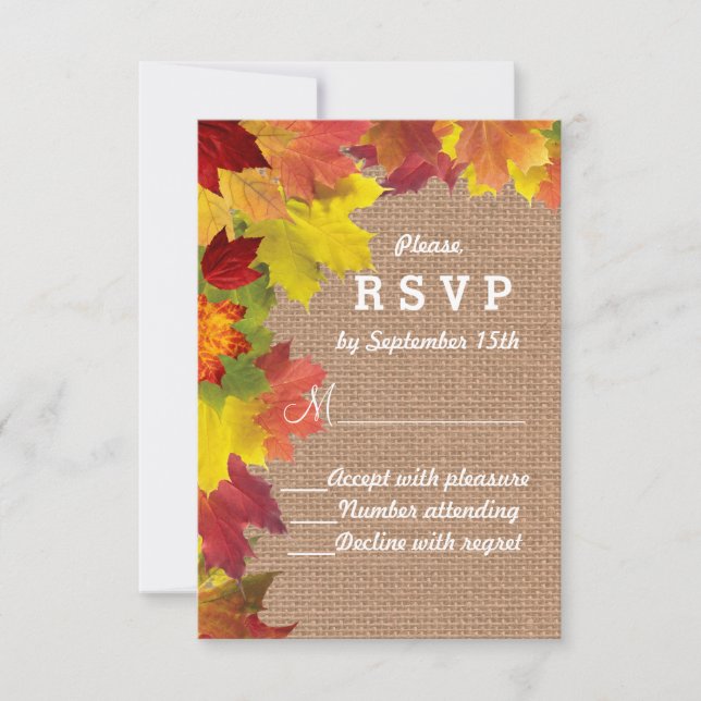 Rustic Fall Leaves Burlap Wedding RSVP Card (Front)