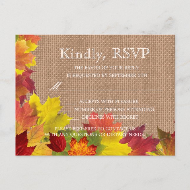 Rustic Fall Leaves Burlap Wedding RSVP Invitation Postcard (Front)