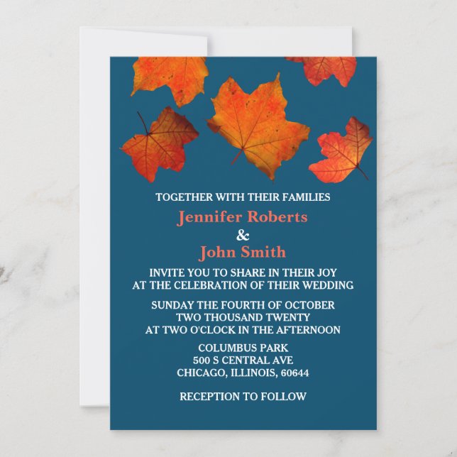 Rustic Fall Leaves Burnt Orange Ocean Blue Wedding Invitation (Front)