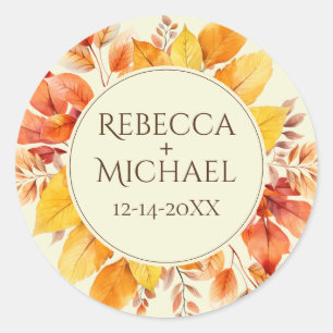 Rustic Fall Leaves Elegant Cream Wedding Classic Round Sticker